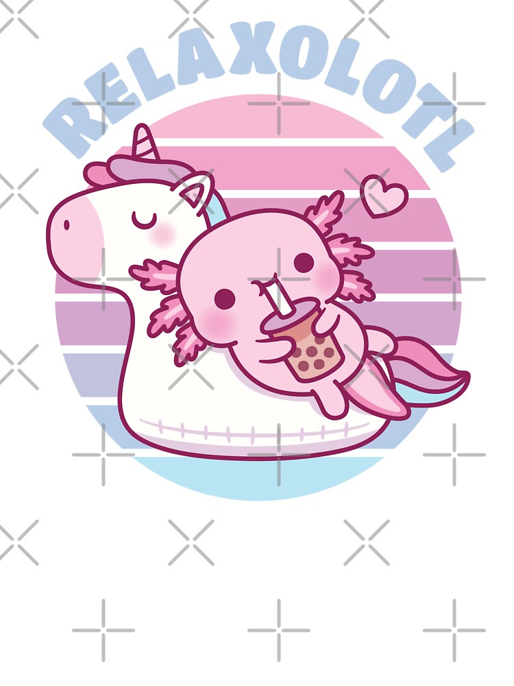 Cute Axolotl Chilling On Unicorn Pool Float Drinking Bubble Tea