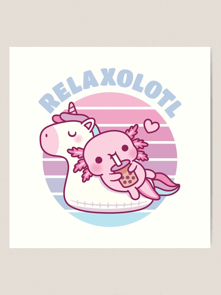 Cute Axolotl Chilling On Unicorn Pool Float Drinking Bubble Tea