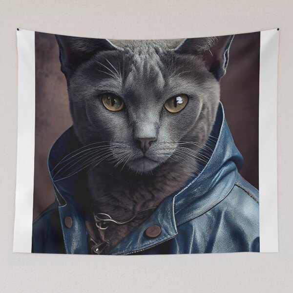 Item preview, Russian Blue Cat Breed Portrait  wears a leather jacket designed and sold by Nalaxation.