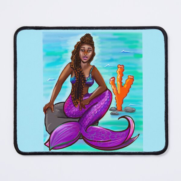 Item preview, Black mermaid with box braids top knot hair style sitting on rocks, African American Mermaid designed and sold by Artonmytee.