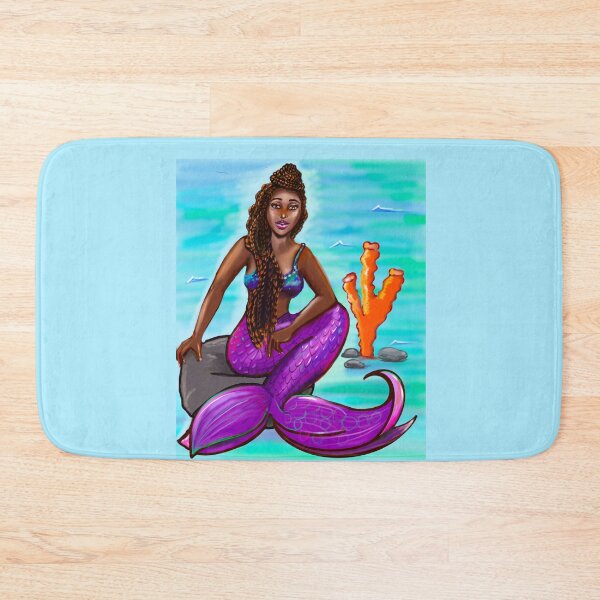 Item preview, Black mermaid with box braids top knot hair style sitting on rocks, African American Mermaid  designed and sold by Artonmytee.
