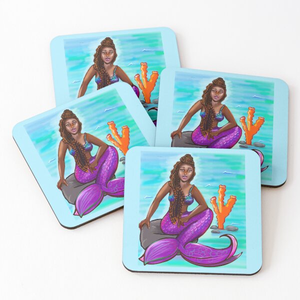 Item preview, Black mermaid with box braids top knot hair style sitting on rocks, African American Mermaid  designed and sold by Artonmytee.