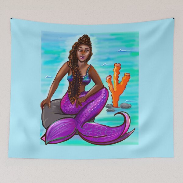 Item preview, Black mermaid with box braids top knot hair style sitting on rocks, African American Mermaid  designed and sold by Artonmytee.