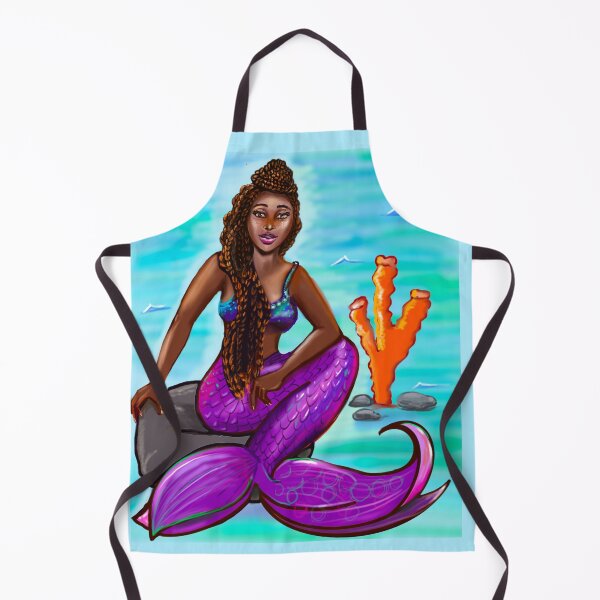 Item preview, Black mermaid with box braids top knot hair style sitting on rocks, African American Mermaid  designed and sold by Artonmytee.