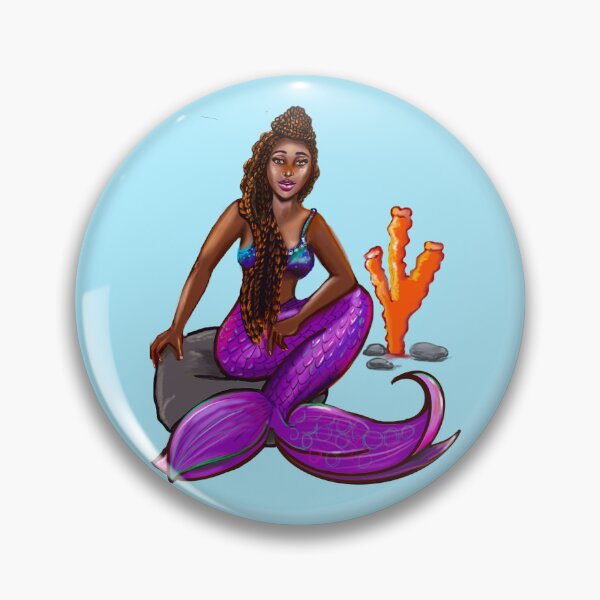 Item preview, Black mermaid 2 with box braids top knot hair style sitting on rocks , African American Mermaid  designed and sold by Artonmytee.