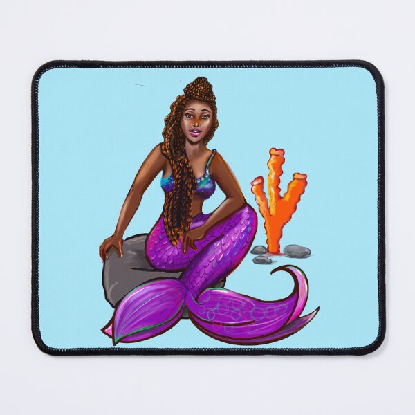 Item preview, Black mermaid 2 with box braids top knot hair style sitting on rocks , African American Mermaid  designed and sold by Artonmytee.