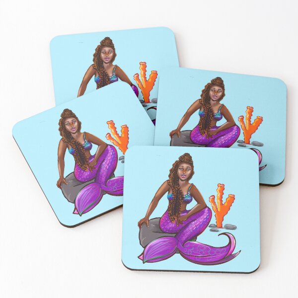 Item preview, Black mermaid 2 with box braids top knot hair style sitting on rocks , African American Mermaid  designed and sold by Artonmytee.