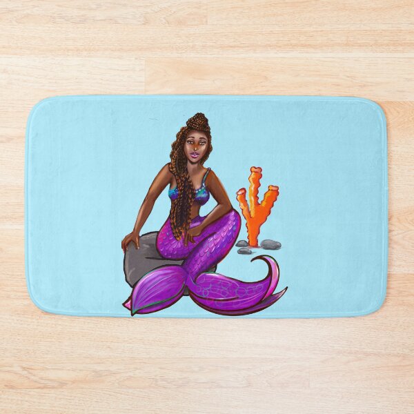 Item preview, Black mermaid 2 with box braids top knot hair style sitting on rocks , African American Mermaid  designed and sold by Artonmytee.