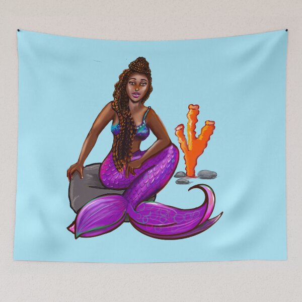 Item preview, Black mermaid 2 with box braids top knot hair style sitting on rocks , African American Mermaid  designed and sold by Artonmytee.
