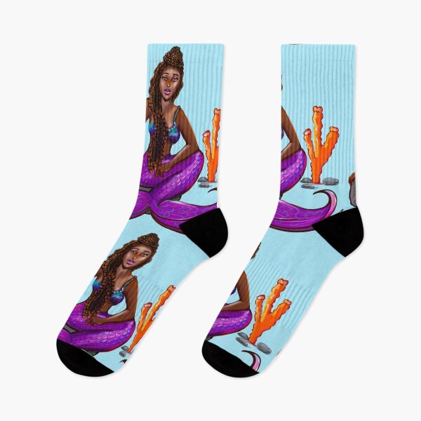 Item preview, Black mermaid 2 with box braids top knot hair style sitting on rocks , African American Mermaid  designed and sold by Artonmytee.