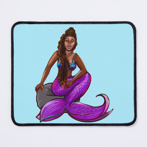 Item preview, Black mermaid 3 with box braids top knot hair style sitting on rocks , brown eyes Afro hair and caramel brown skin designed and sold by Artonmytee.