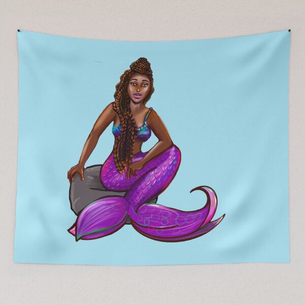 Item preview, Black mermaid 3 with box braids top knot hair style sitting on rocks , brown eyes Afro hair and caramel brown skin designed and sold by Artonmytee.