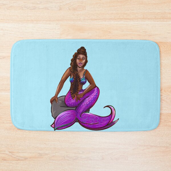 Item preview, Black mermaid 3 with box braids top knot hair style sitting on rocks , brown eyes Afro hair and caramel brown skin designed and sold by Artonmytee.