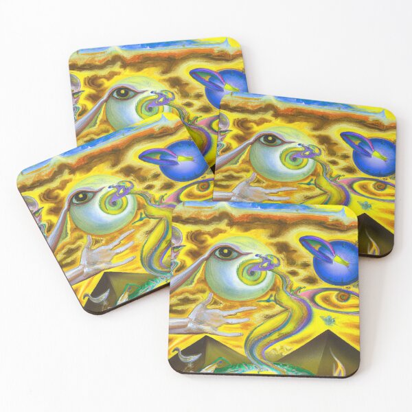 Item preview, Surrealist painting with pyramids and eyes in yellow and blue man reaching for God designed and sold by Ataraxia  Apparel.