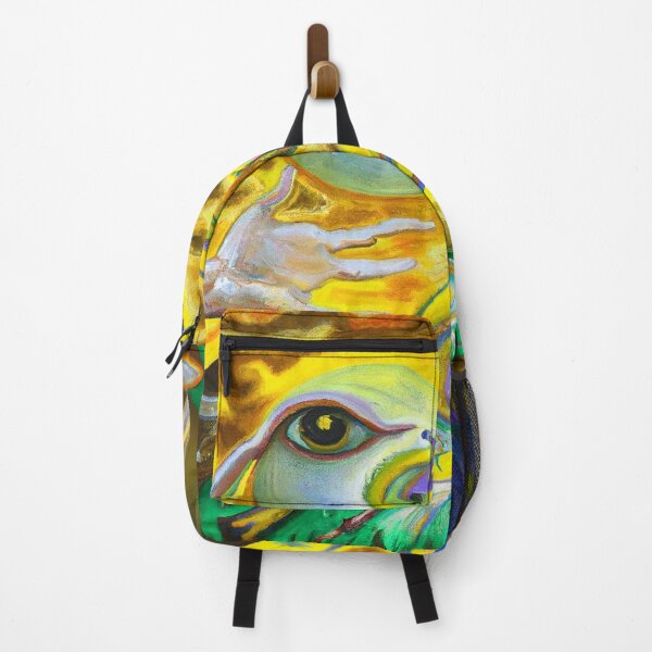 Item preview, Surrealist painting with pyramids and eyes in yellow and blue man reaching for God designed and sold by Ataraxia Apparel.