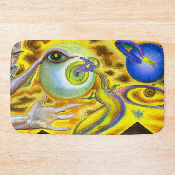Item preview, Surrealist painting with pyramids and eyes in yellow and blue man reaching for God designed and sold by Ataraxia  Apparel.