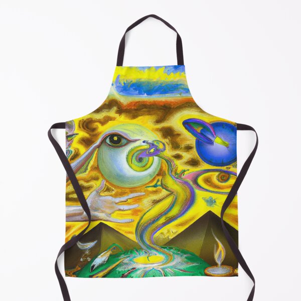 Item preview, Surrealist painting with pyramids and eyes in yellow and blue man reaching for God designed and sold by Ataraxia Apparel.