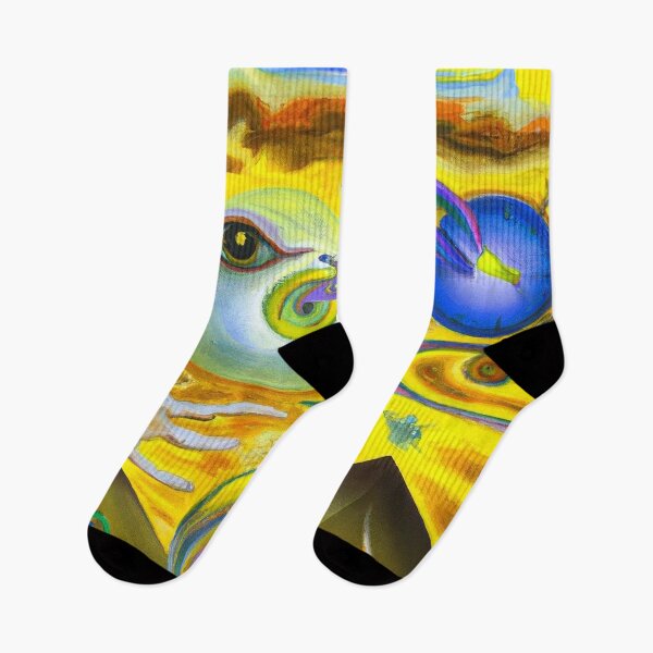 Item preview, Surrealist painting with pyramids and eyes in yellow and blue man reaching for God designed and sold by Ataraxia  Apparel.