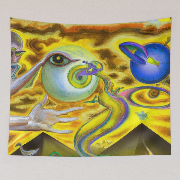 Item preview, Surrealist painting with pyramids and eyes in yellow and blue man reaching for God designed and sold by Ataraxia  Apparel.