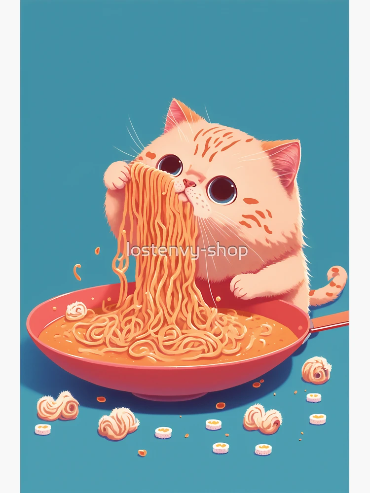 Kawaii cat eating spaghetti Sticker for Sale by lostenvy-shop