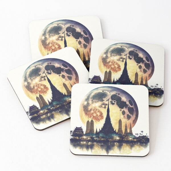 Item preview, Asian island in full moon watercolor designed and sold by FlatLandPrints.