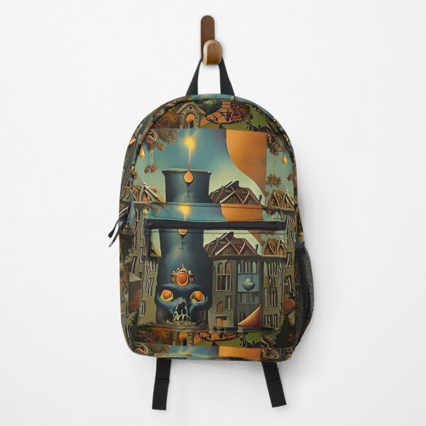Item preview, Surrealist painting like digital art of a Skull Cauldron and a village in abstract style designed and sold by Ataraxia Apparel.