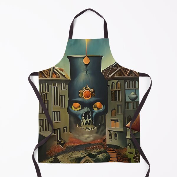 Item preview, Surrealist painting like digital art of a Skull Cauldron and a village in abstract style designed and sold by Ataraxia Apparel.