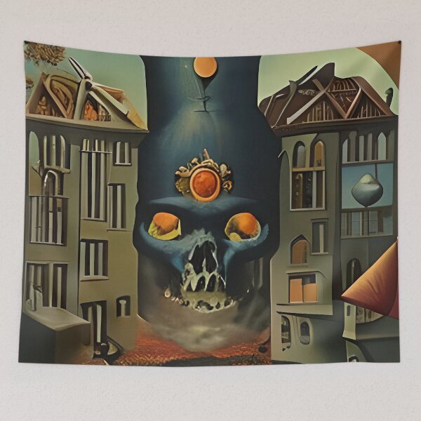 Item preview, Surrealist painting like digital art of a Skull Cauldron and a village in abstract style  designed and sold by Ataraxia  Apparel.