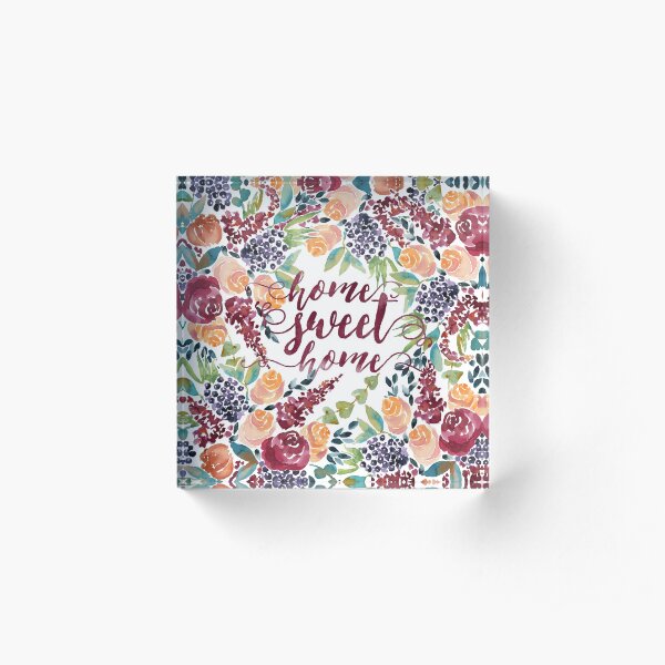 Watercolor Bouquet Hand-Painted Roses Celosia Bilberries Leaves Acrylic Block