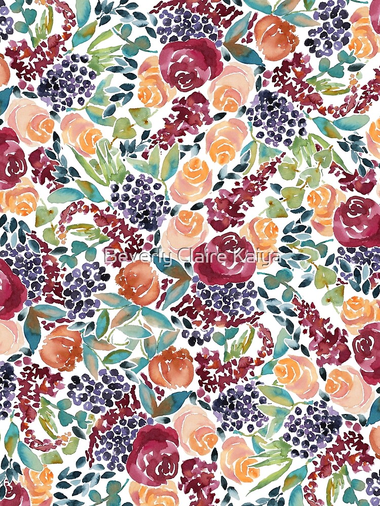 Watercolor Bouquet Hand-Painted Roses Celosia Bilberries Leaves by beverlyclaire