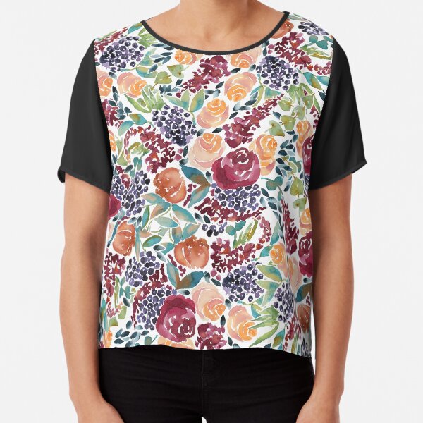 Watercolor Bouquet Hand-Painted Roses Celosia Bilberries Leaves Chiffon Top
