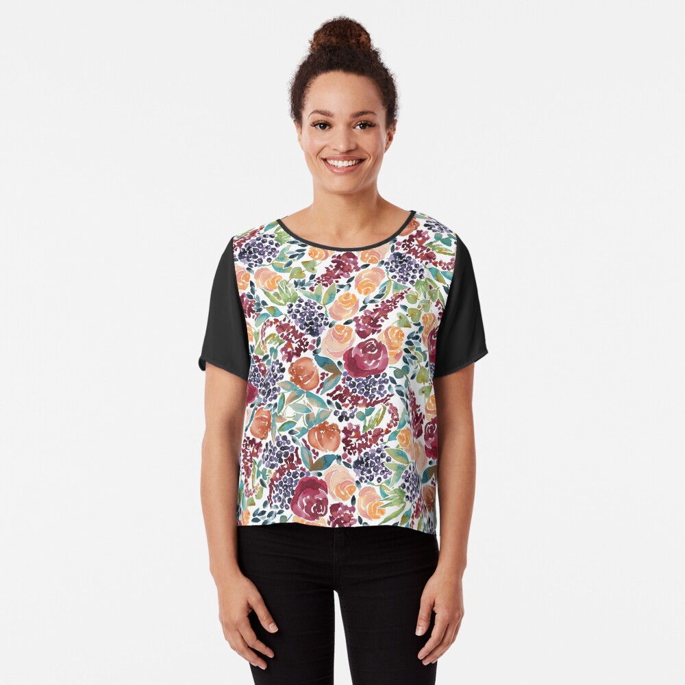 Watercolor Bouquet Hand-Painted Roses Celosia Bilberries Leaves Chiffon Top