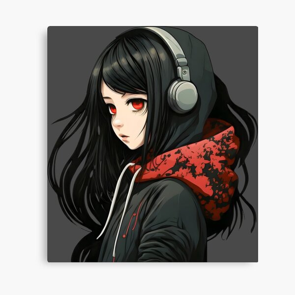 Kawaii Anime Girl In Black Hoodie | Canvas Print