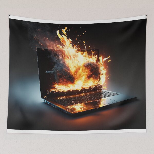 Item preview, Flaming Technology: A Unique Illustration of a Burning Laptop on a Table designed and sold by BotTastic.