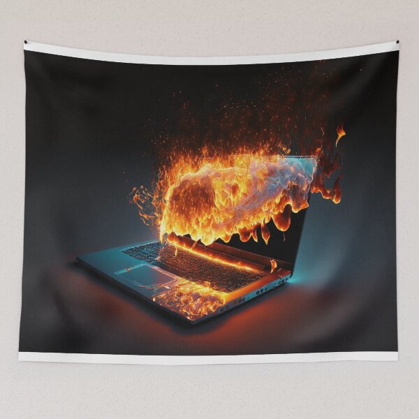 Item preview, Flaming Technology: A Unique Illustration of a Burning Laptop on a Table designed and sold by BotTastic.