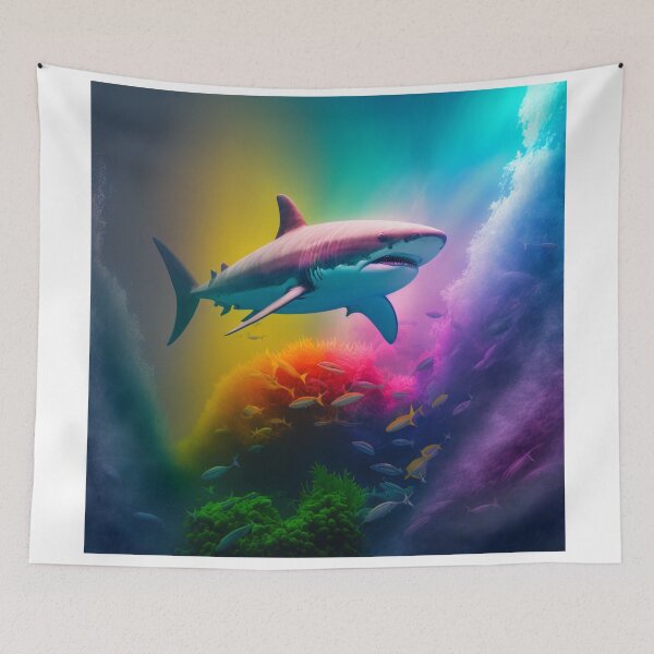 Item preview, Shark swimming in the Ocean, Rainbow Colored Coral Reef  designed and sold by AdamesArtStudio.