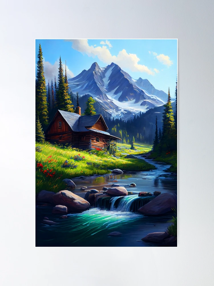 Cabin selling by Mountain Oil Painting