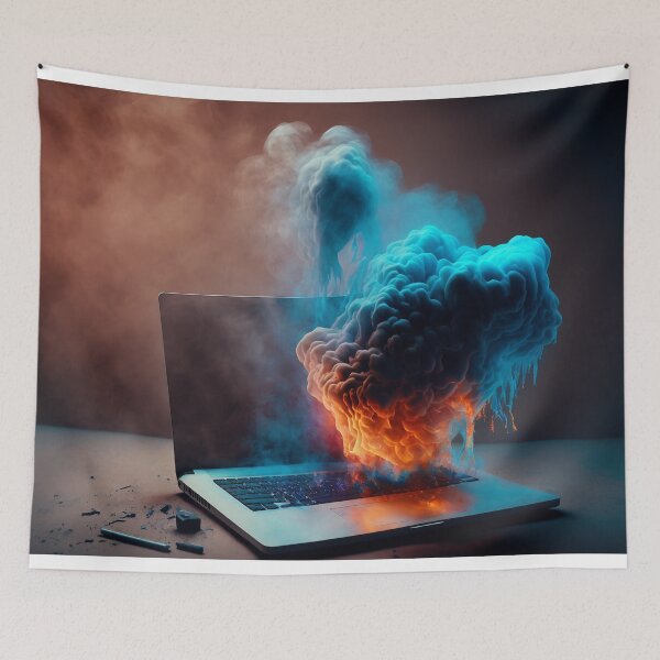 Item preview, Flaming Technology: A Unique Illustration of a Burning Laptop on a Table designed and sold by BotTastic.