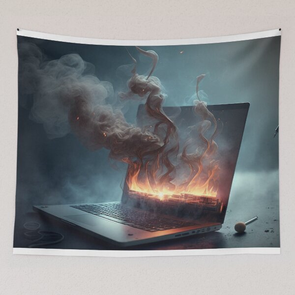 Item preview, Flaming Technology: A Unique Illustration of a Burning Laptop on a Table designed and sold by BotTastic.