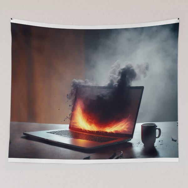 Item preview, Flaming Technology: A Unique Illustration of a Burning Laptop on a Table designed and sold by BotTastic.