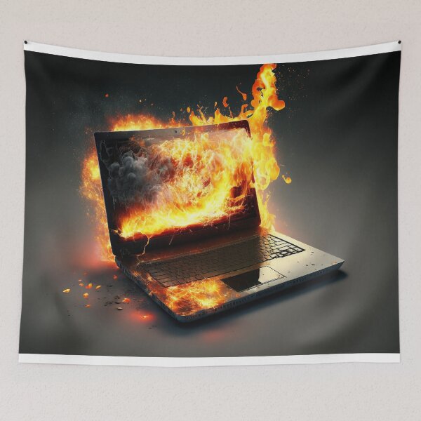 Item preview, Flaming Technology: A Unique Illustration of a Burning Laptop on a Table designed and sold by BotTastic.