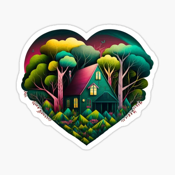 A Loving Home Modern Bright House and Trees in the Shape of a Heart Sticker