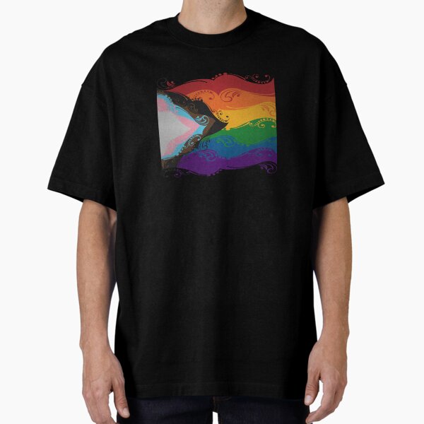 Fancy Swooped and Swirled Progressive Rainbow Pride Flag Background Oversized T-Shirt