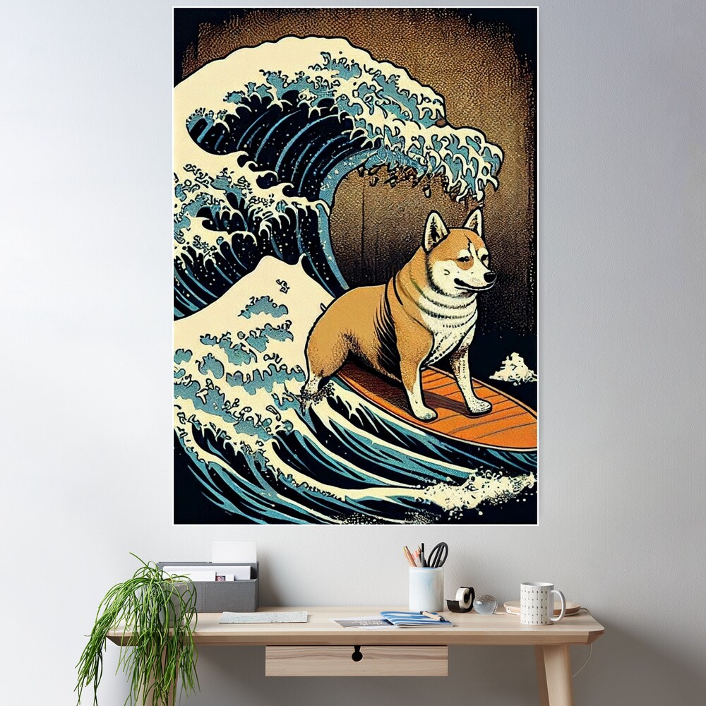 The Great Shiba Inu Surfing On Wave Off Kanagawa - Retro | Poster