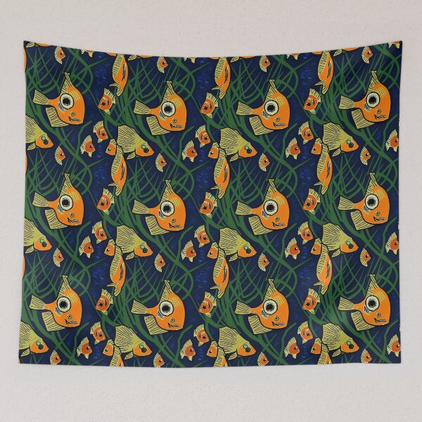 Item preview, Orange Goldfish Shoal of Fish Swimming in Deep Blue Water and Seaweed - big fish eye designed and sold by FloralZoo.