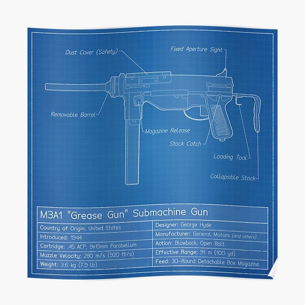 "M3A1 Grease Gun Blueprint" Poster for Sale by nothinguntried Redbubble