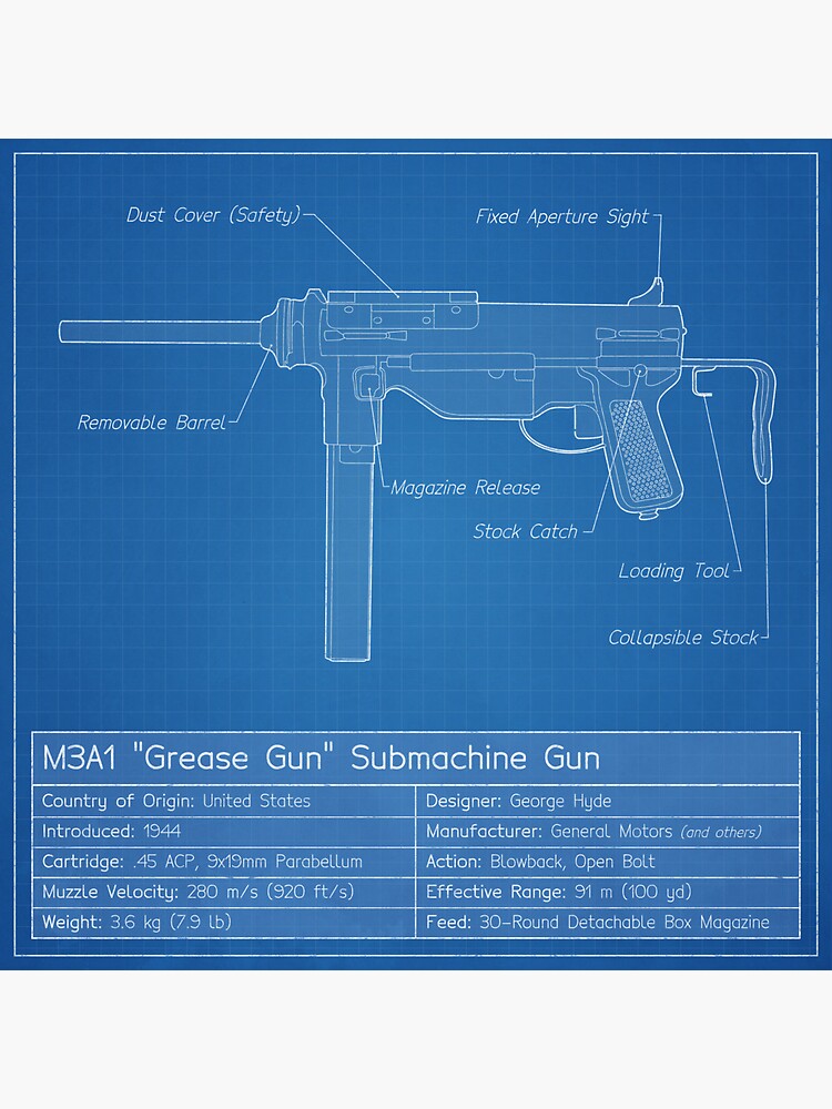"M3A1 Grease Gun Blueprint" Sticker for Sale by nothinguntried Redbubble