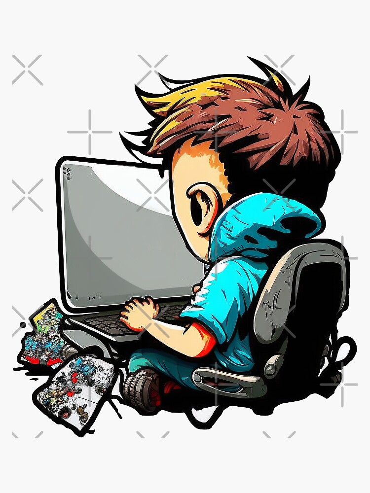 Sticker avec l'œuvre « PC gamer qui joue aux jeux vidéos sur