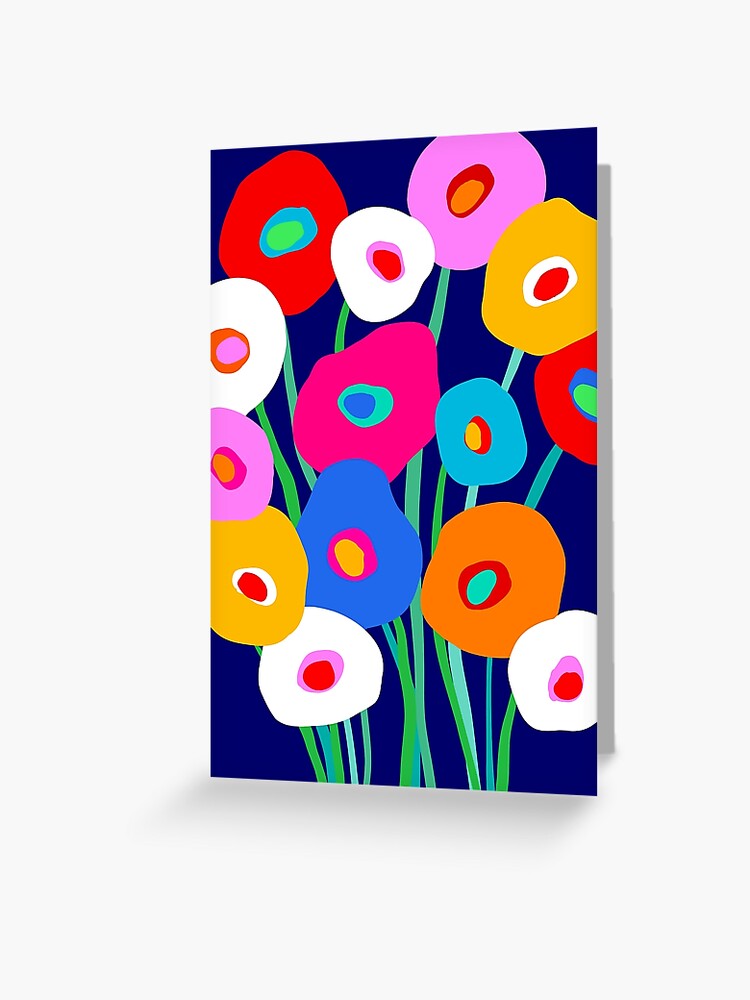 Thumbnail 1 of 2, Greeting Card, Happy and Bright flower bouquet on blue designed and sold by Dominiquevari.
