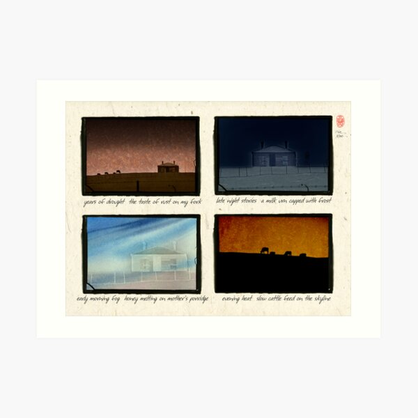 Farm house in four views with haiku Art Print